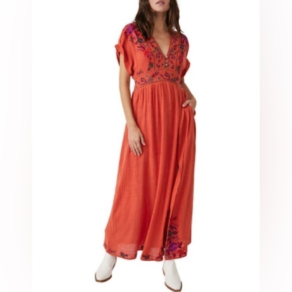 NWT FREE PEOPLE Maisley Embroidered Boho Maxi Dress Burnt Orange Small - Picture 4 of 10